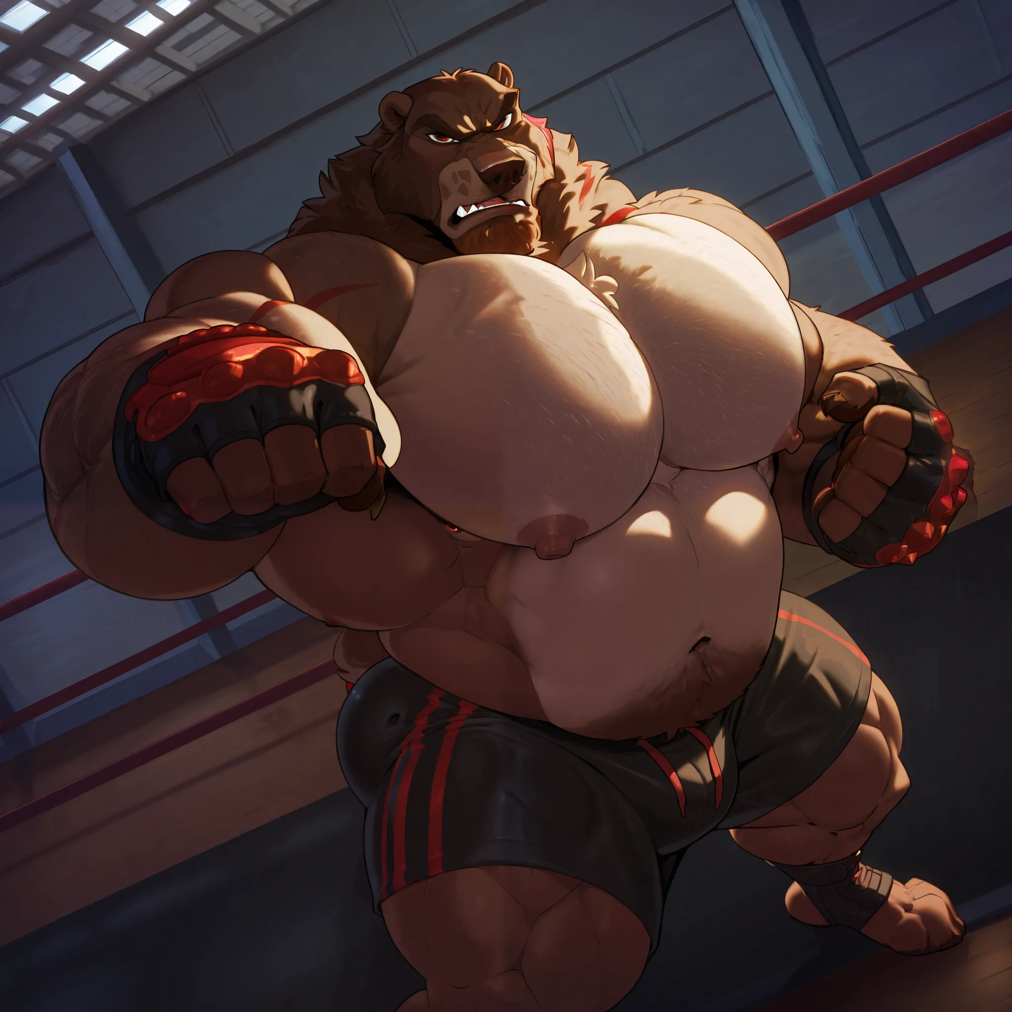 Solo, 1boy, Muscular Old, angry, focus, look at viewer, wide shoulder, pectoral, thick arms, huge pectoral, wide pectoral, height: 220cm, weight: 440lbs, a Kodiak brown bear in a black MMA shorts with red stripes and slits, wearing an MMA gloves with red k...