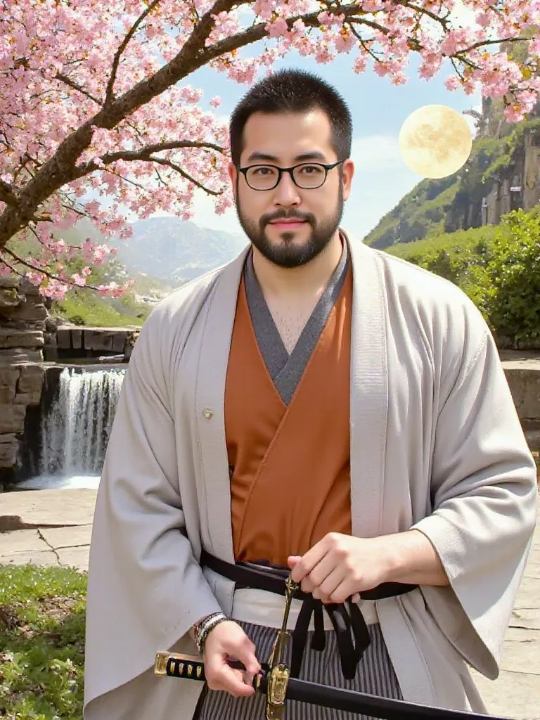 olympusd450,Adult male, black hair,short hair, wearing traditional japanese clothes, japanese jinbei outfit, holding katana,sakura tree,waterfall, masterpiece:1.5,Traditional Chinese ink,cloud,moon,grass