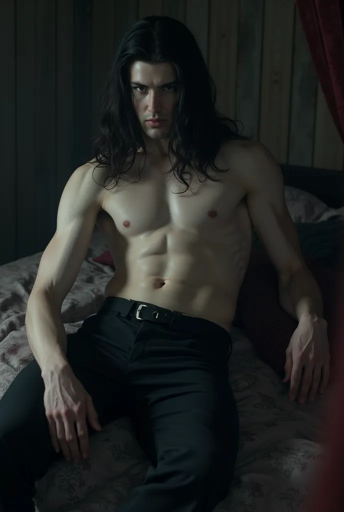 Vampire man without a t-shirt, In a room, sitting on the bed, long hair, handsome 