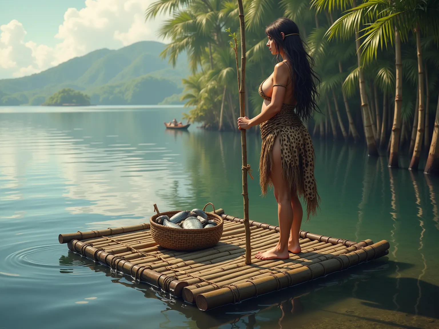 hd realistic, 4K: 1.2, prehistoric environment, no sea. (long thin and long bamboos: 1.2) (They are tied with vines in an organized way: 1.2) (forming a rectangle raft: 1.5) (Perfect flat and perfect: 1.2) is floating above the water forming small waves in...