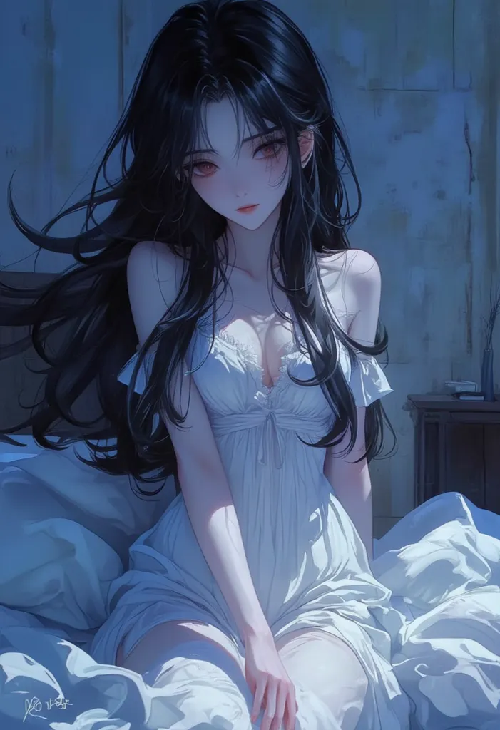 1 girl, pale skin, black hair, long, curly hair, summer dress, brown eyes,  in a closed room, sensual, Detailed,  perfect lines , perfect face man, cool colors, blues, white, bed sheets, cabello long rizado, dark,  thick lines , cabello long