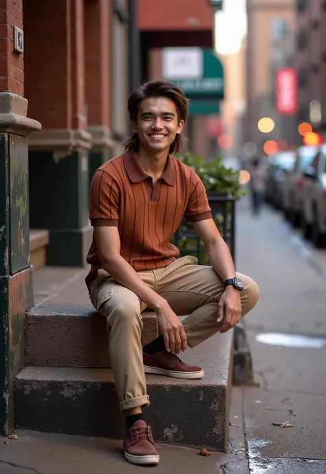 A cheerful Filipino man with a mullet hairstyle, wearing a HUMAN Flat Knit Shirt, cargo pants, and stylish shoes, sits confidently on a worn-out stoop in a gritty New York City street. The backdrop features cracked sidewalks, graffiti-covered walls, and fl...