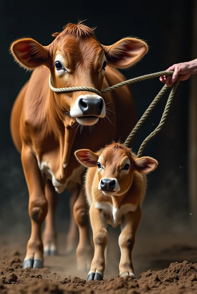 "A tense moment where the farmer grabs the small, frightened calf by a rope. The mother cow struggles against her own tied rope, eyes wide with panic. The calf tries to resist but is too weak. The scene is filled with dust and movement, showing desperation...