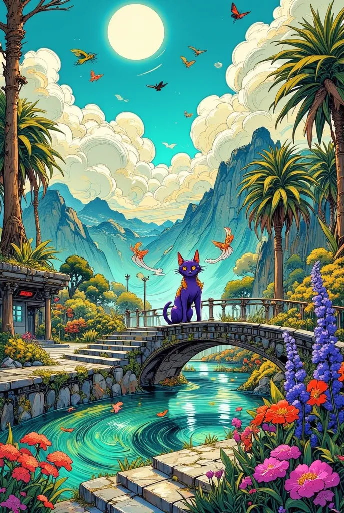 A horned, shaggy and scary purple saber-toothed cat with an orange stripe sneaks up the stone steps to a light turquoise transparent lake, railings overgrown with dark green ivy, tall date palms, rhododendrons, acacia, wisteria, Hyacinths, red gerberas, th...