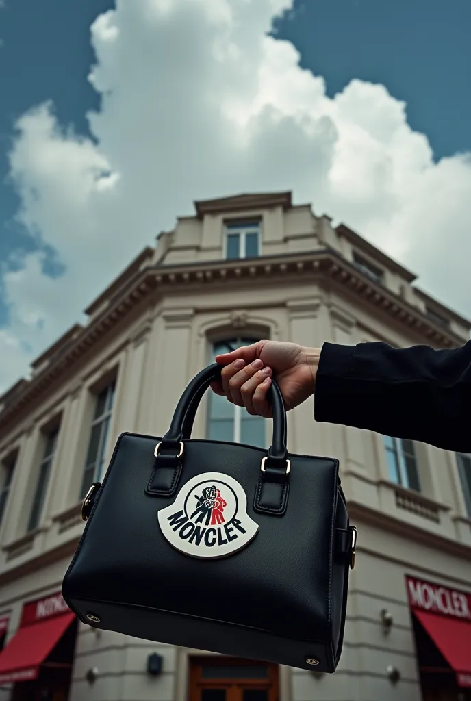 In the picture with a bag of Moncler you can see only the hand holding the bag in front of the Milan boutique with lots of clouds