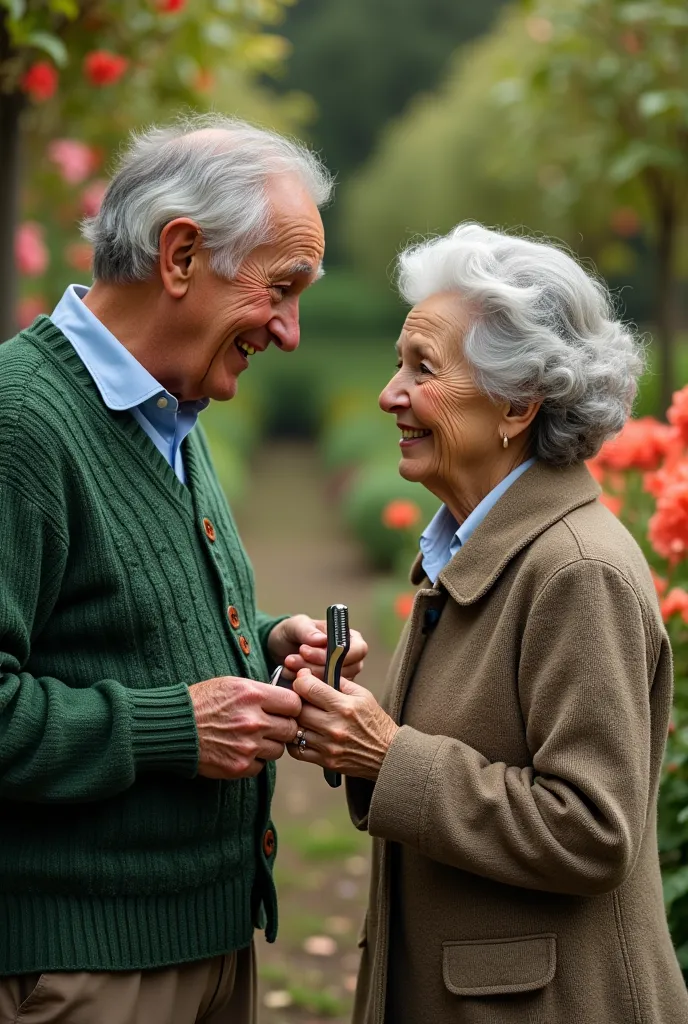 In a beautiful beautiful flower garden there is an old man wearing a green knit sweater with brown buttons and brown eyes with black hair in his hand a mirror in the other hand a razor and smiling at an old lady with beautiful gray hair brown eyes 