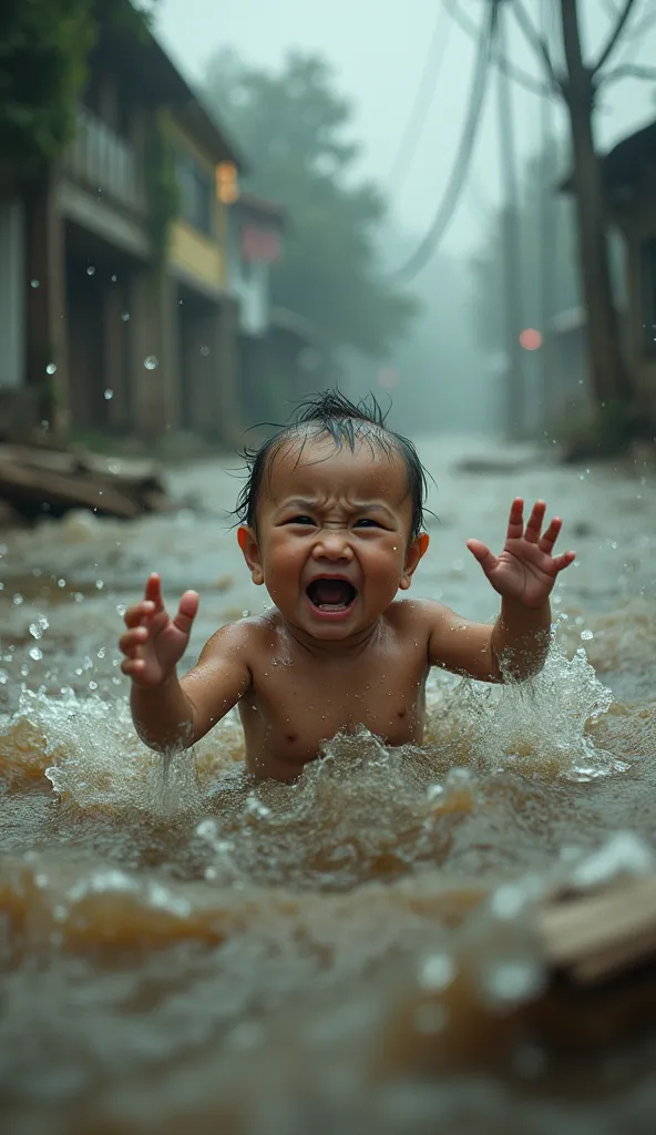 A human baby, barely a year old, swept away in the floodwaters, crying desperately