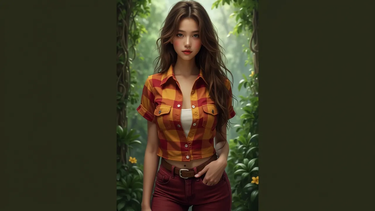 Beautiful realistic girl, brown hair, green eyes, a short-sleeve plaid button-up shirt in shades of orange, red, and yellow, white undershirt, dark red jeans, a light brown or tan belt with a simple buckle, jungle background, vines, full body, butt, bent o...