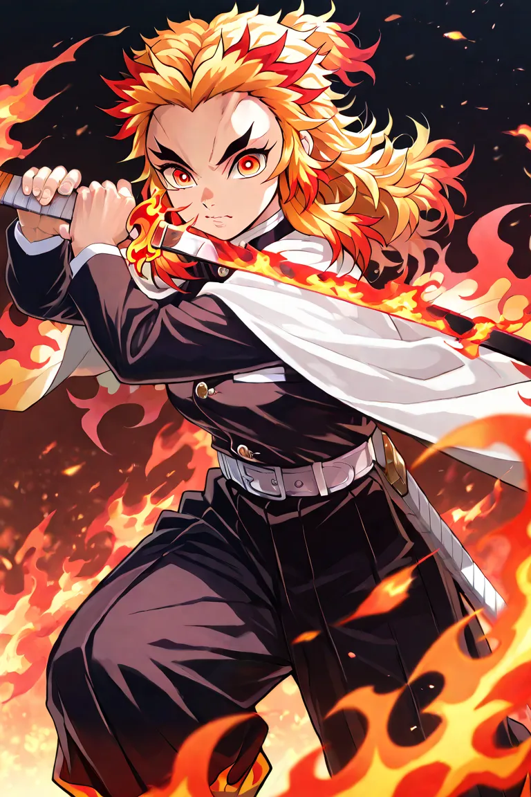 {rengoku kyoujuurou},{kimetsu no yaiba},Detailedparticles, depth_of_field, high resolution, high quality, ,uniform, high quality, high resolution olution, detailed image, beautiful girl, beautiful to the eye,   , battle pose, solo,，，Get angry，side angle，，S...