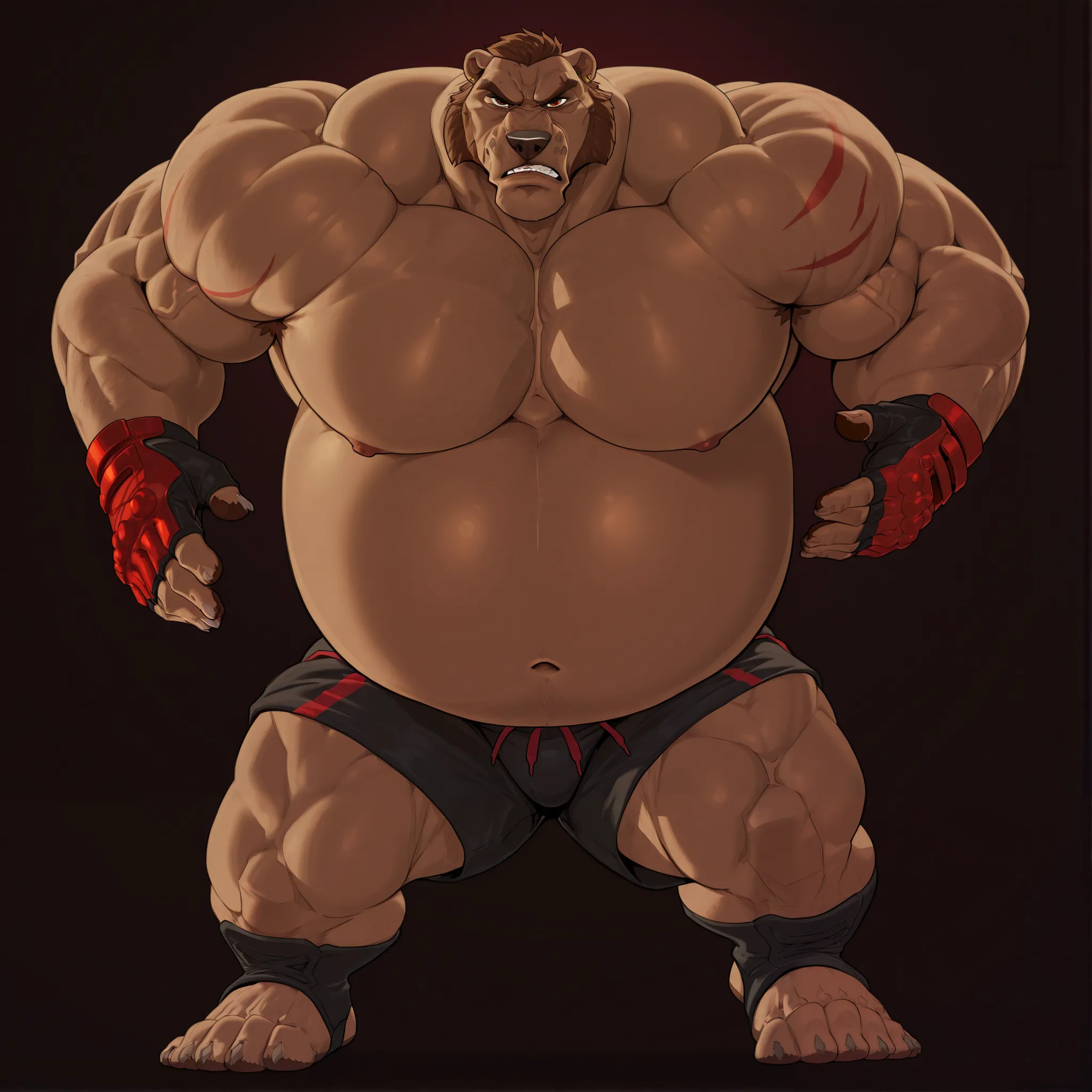 Solo, 1boy, Muscular Old, angry, focus, look at viewer, wide shoulder, pectoral, thick arms, huge pectoral, wide pectoral, height: 220cm, weight: 440lbs, a Kodiak brown bear in a black MMA shorts with red stripes and slits, wearing an MMA gloves with red k...