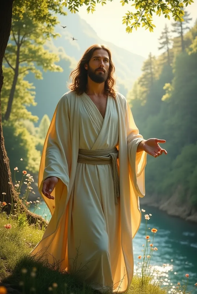 A hyper-realistic image of Jesus Christ in nature, radiating peace and serenity. He is dressed in a white robe with a soft mantle, with long hair and a well-defined beard. His gaze is calm and compassionate, conveying love and wisdom. The surrounding lands...