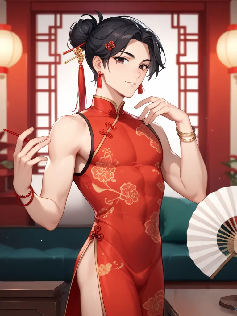 beautiful young man, long black hair, black eyes, male geisha, red clothes with flower pattern, slender-waisted, delicate figure, man dressed as woman, hairpins, light makeup, ruby earrings, chinese style room, jade bracelet, chinese fan, chinese style dan...