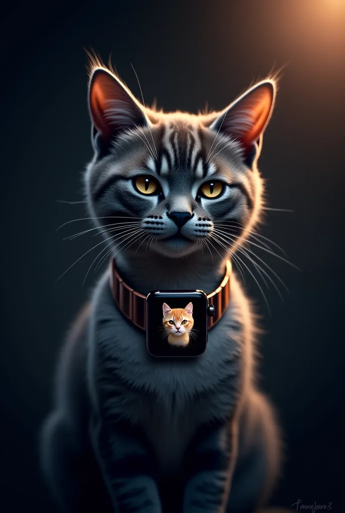 Here's a detailed 
"A highly realistic, cinematic-style image of a cat wearing a sleek, modern smartwatch with a metallic band, similar to the one in the reference image. The cat has a majestic and elegant appearance, with soft fur and bright, expressive e...