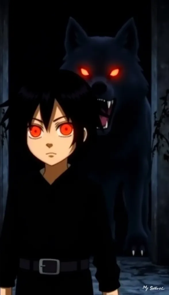 Close-up of boy , with long hair with sharp tips and dressed completely in black. His eyes shine brightly in red, appearing with a fixed and serene gaze that transmits power. In this shot, the boy's shadow is projected onto the floor, , transforming into t...