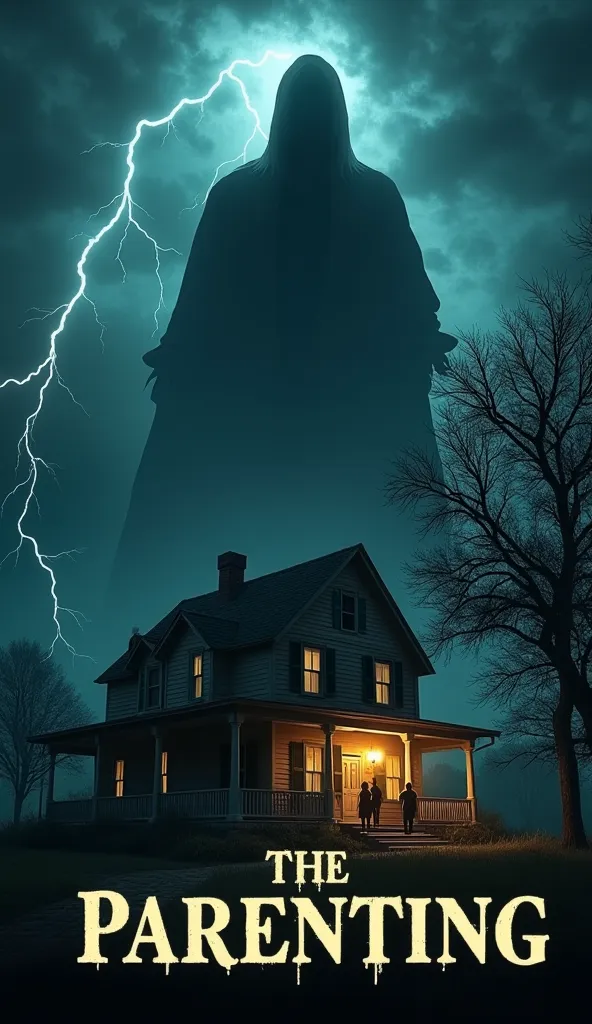 A quaint country house stands under a stormy night sky, lightning illuminating the sinister silhouette of a 400-year-old entity looming over it. Inside, three terrified couples huddle together, shadows forming monstrous shapes on the walls. The title "The ...