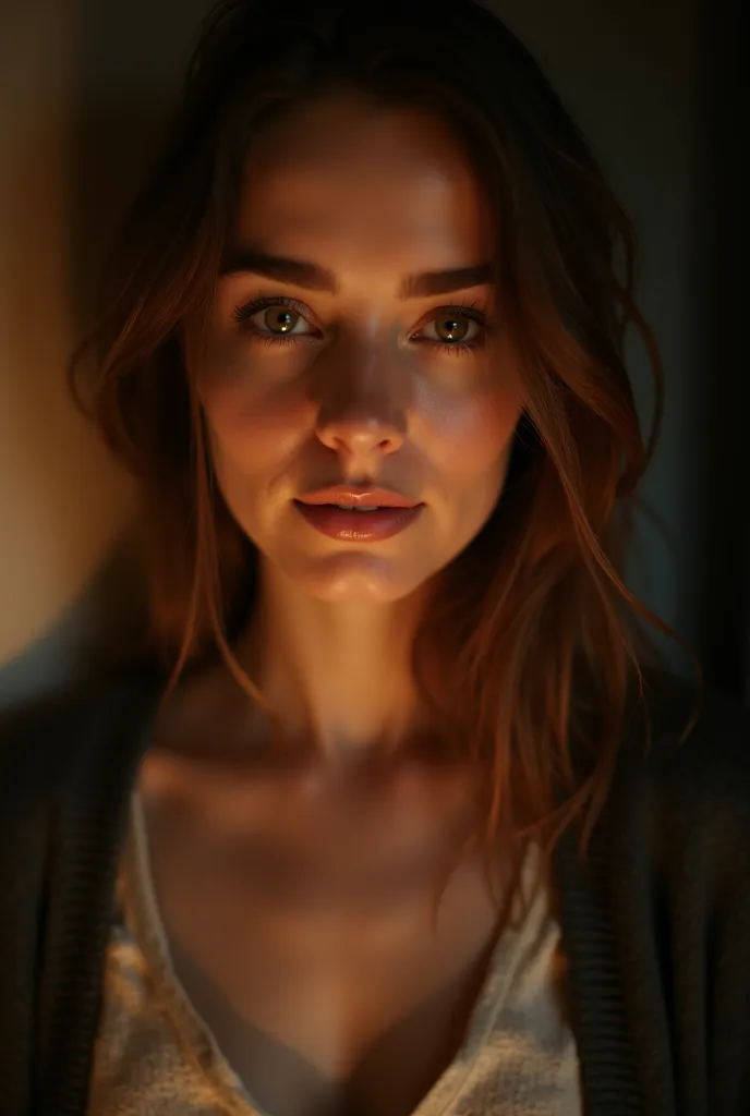 A close-up of a beautiful European woman with an enigmatic smile, her eyes filled with intrigue. She stands in a dimly lit room, soft golden light casting shadows on her face. A hint of mystery in her gaze, as if she's holding a secret only she knows. The ...