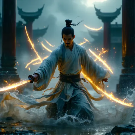 Epic Chinese martial arts scene, Dynamic bullet time dodging effects,
Stoic swordsman in a tattered Hansuit jumping in the air,
Multiple glowing flying swords penetrate fabric fragments,
slow motion energy ripples around the body,
Ancient battlefields ...