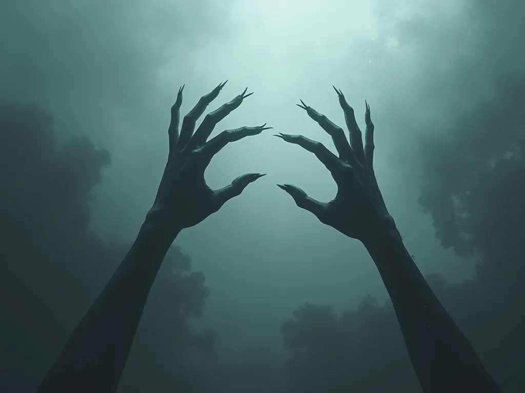 Thin, black monster hands, space background with fog