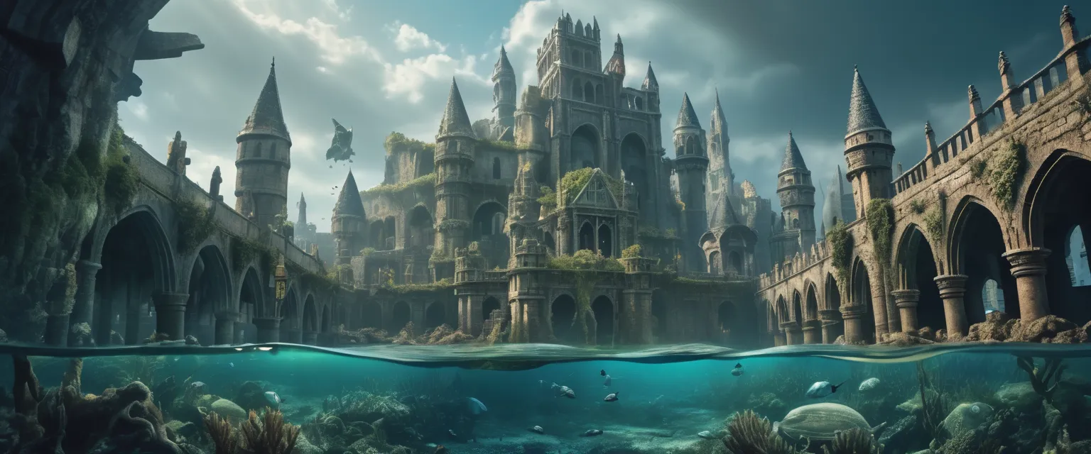 masterpiece, 8k, best quality, highly detailed, a landscape photo of a large foreboding ruined deep underwater medieval city with signs of being attacked by a large creature