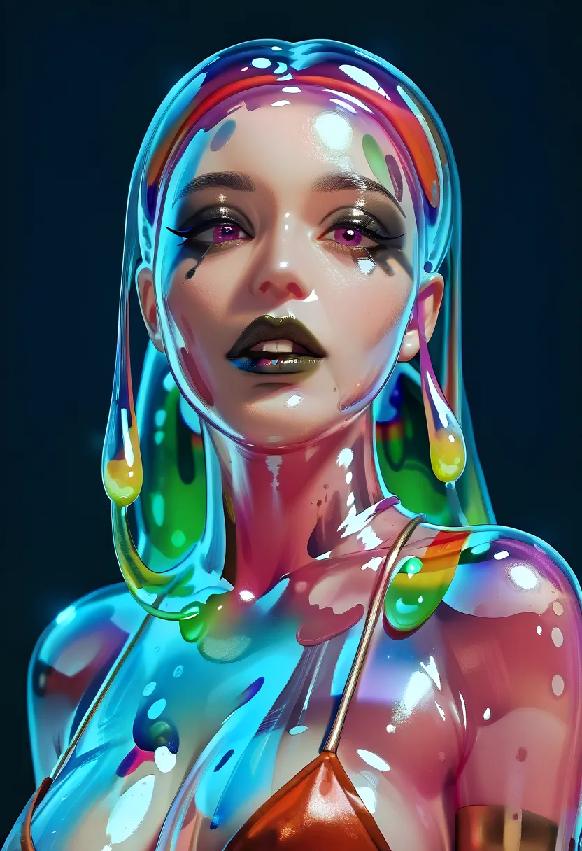 ((Female Water Elemental)), ((Slime Furry)), Rainbow Colored Slime, ((sexy intricate ancient clothing)), Dark Makeup, Dark Lipstick, ((eye focus, detail focus)), fully clothed, in an ancient dungeon, ((Transparent skin))