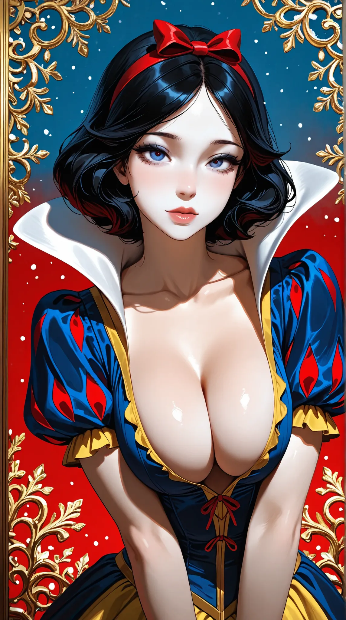 Kizi，Highly detailed, Amazing work，Vitreous luster,((clean backdrop))，blues, reds, golds，Best quality at best，clean backdrop, plunging neckline, snow white, perfect breasts, cleavage, red background, blue background, gold background, 