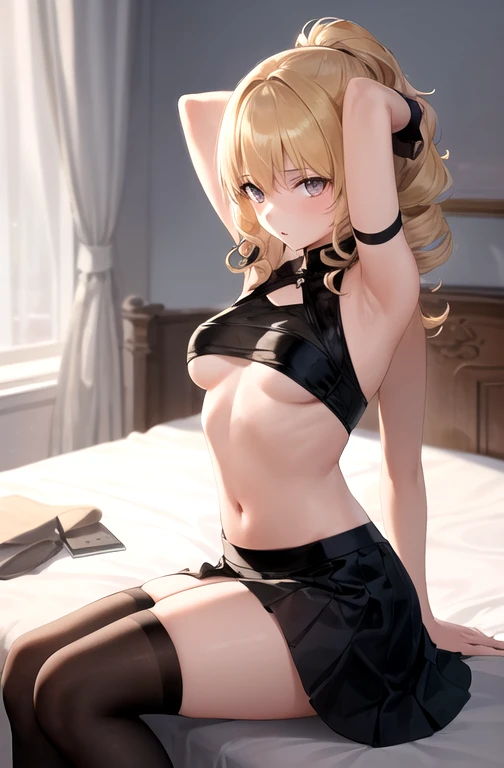 (((1 girl with small breasts dressed as servants)),X-ray,(Dim lighting ),[ detailed background (bedroom)),((Golden hair  وعيون ذهبيه ذات صدر صغير جد)),((Golden hair )),(Fluffy hair go , A girl with small breasts is slim and full))) With a high ponytail )))...