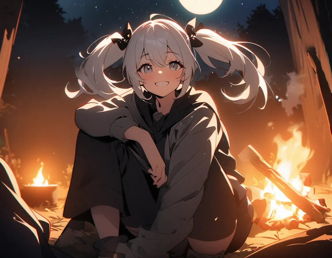 high quality, 8k, 4K, high contrast, masterpiece:1.2, 最high quality, Aesthetics at its best),  long silver hair 、beautiful girl with twin tails、smile、Campfire,Full moon in the night sky、 Looking Up at the Starry Sky ,  Milky Way、 fun times , Soft bonfire l...