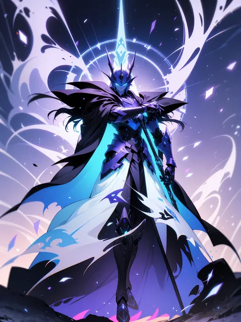 Masculine, White and Purple , Cool , Standing On Path, Sleak Design, Blue Eyes, Mech Warrior, Black Cloak