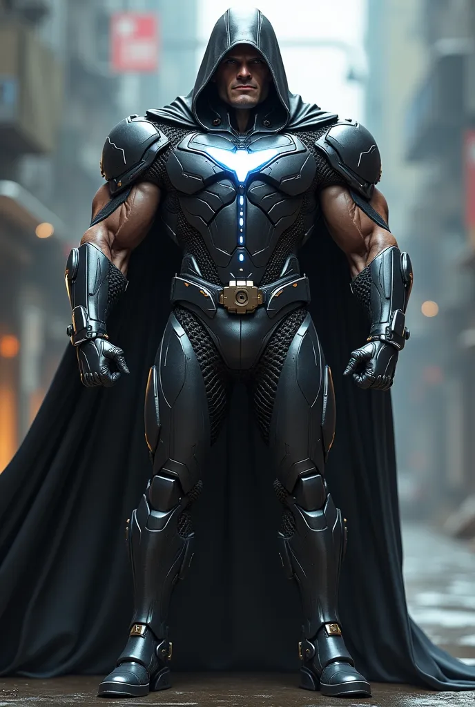 Muscular superhero in a hooded cape  , cyber suit, details,   Masterpiece , stands full length, 