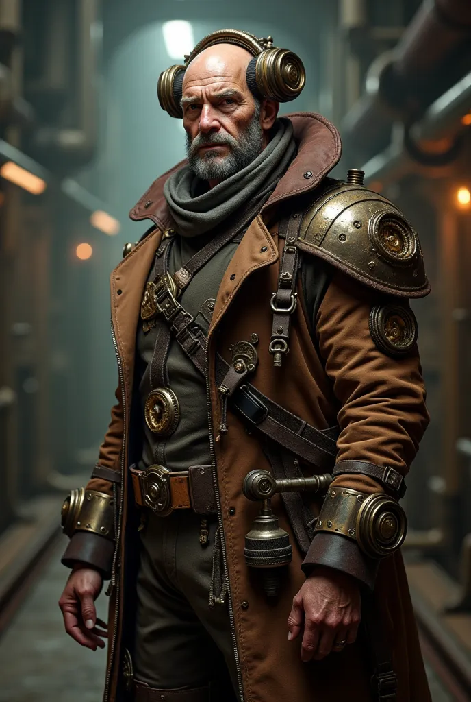 create a hyperrealistic image of a 35 year old small and tall man with half balded hair and a small beard  in a steampunk outfit in full body view