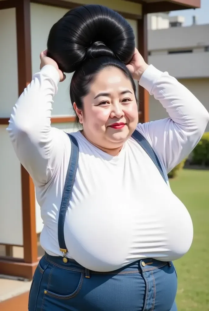 8k,Highest quality, masterpiece, Ultra-high resolution,(masterpiece:1.6, Highest quality), Intricate details, 1 female, Middle-aged woman in her 50s, japanese, full body,  arms behind head, top of head, ((giantic hairbun:1.5)), ((jet Black Hair:1.5)), ((fo...