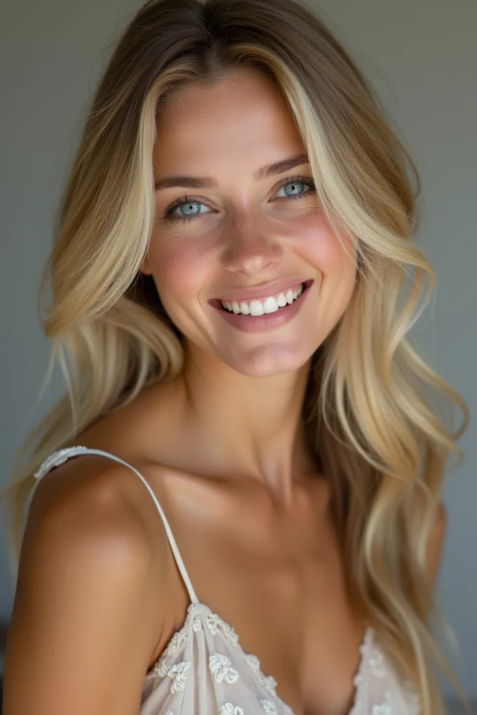 Prompt:
"Realistic portrait of a blonde woman with long wavy hair. She has blue eyes, fair skin and a soft smile . Wear an elegant and discreet blouse. The background is neutral and well illuminated,  highlighting her natural features . The image has high ...