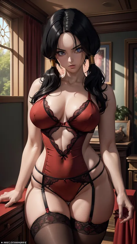 Realistic 1.2, 1girl, video dragon ball z, ((( WEAR SEXY RED LACE LINGERIE WITH GARTER BELT))), bedroom, 2 twintails, black hair, blud eyes, (Computer Generated Imagery) and VFX (Visual Effects) perfectly highlight the intricate anatomical features. SFX co...