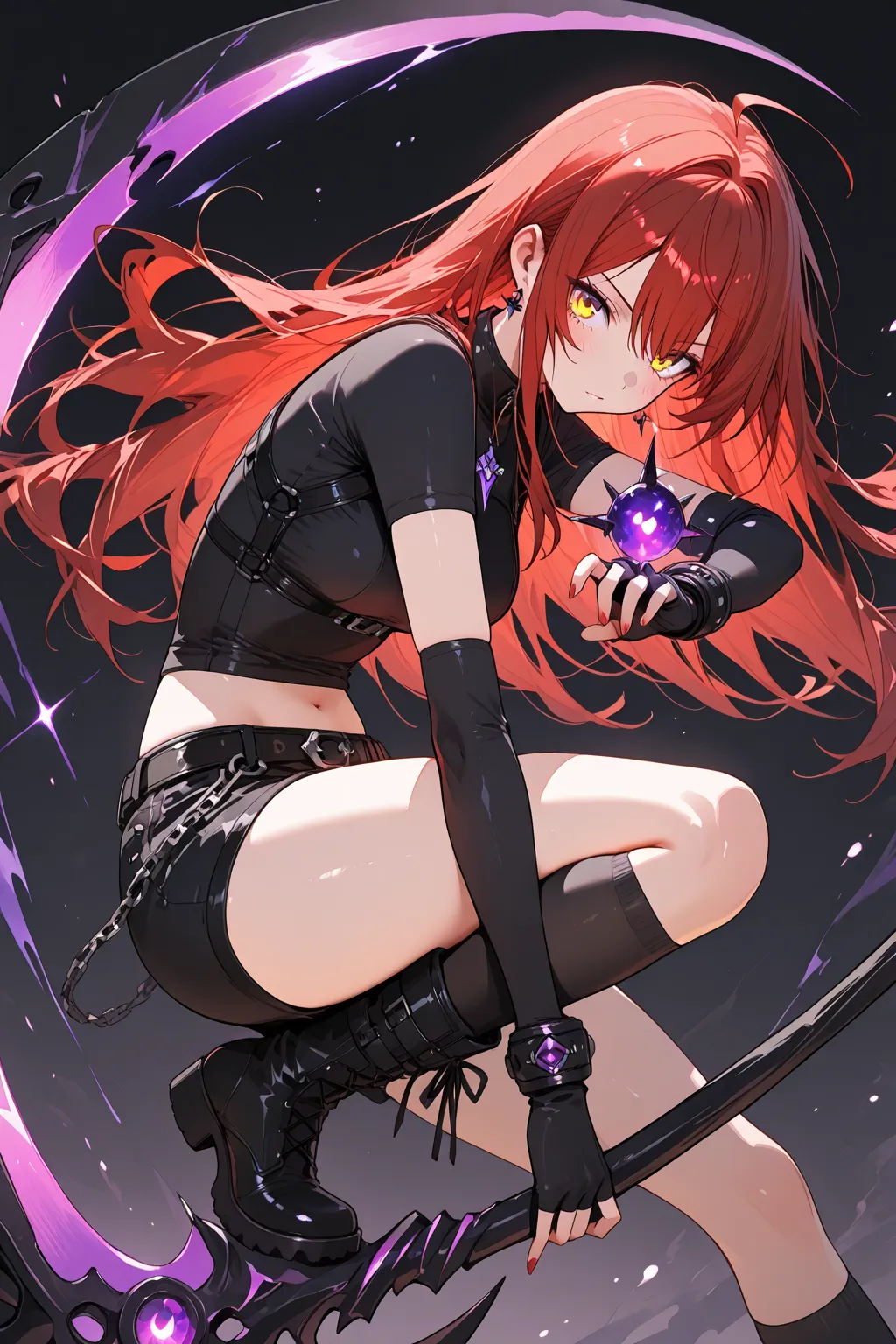 beautiful face, beautiful eyes, best quality, look at viewers((best quality:1.5))((best quality eyes:1.5)), (from side) (from far away) 1 girl, golden eyes, red hair, long hair, holding
a Scythe in her hands, Scythe black with purple glowing ornaments, scy...