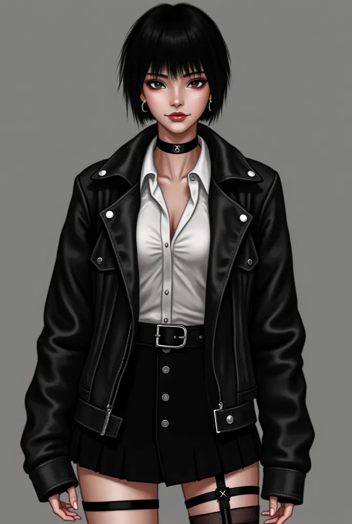 a woman in a leather jacket and skirt, short hair, bangs, shirt, black hair, thighhighs, long sleeves, closed mouth, earrings, open clothes, choker, belt, black skirt, black eyes, open jacket, black jacket, garter straps, black choker, zipper