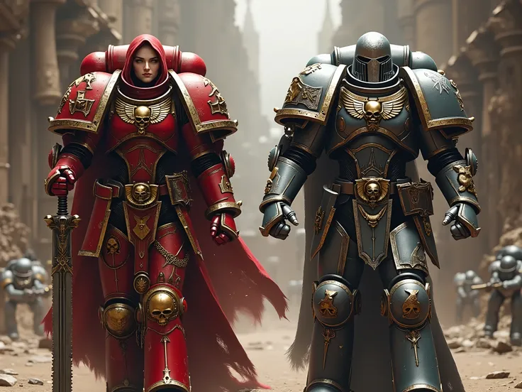 ((Hyperrealistic)) ((Photorealistic)) ((Perfect)) ((Masterpiece)) Warhammer 40k Lore, (first character is a female from the Sisters of Battle in a red/gold Space marine adeptus soritas armor); (the second character is a male 'Grey Knight Terminator' in sil...
