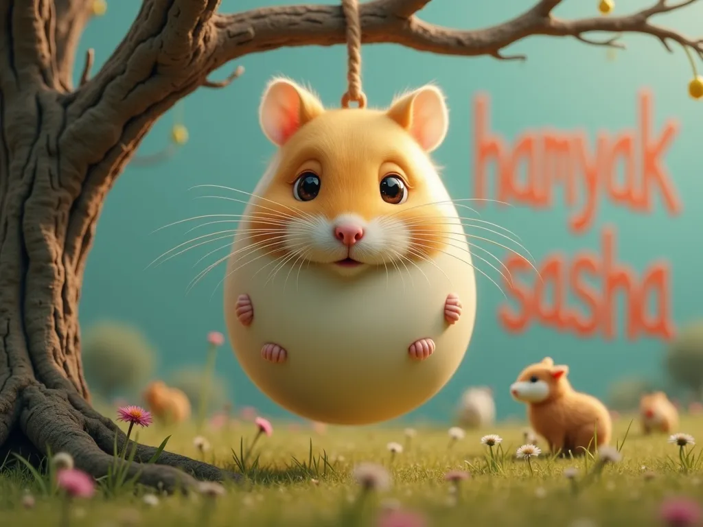 An egg with a hamster's face is hanging in a tree,and the background says hamyak sasha