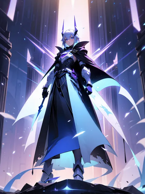 White and Purple , Cool , Standing On Path, Sleak Design, Blue Eyes, Mech Warrior, Black Cloak, White Waist Cloth