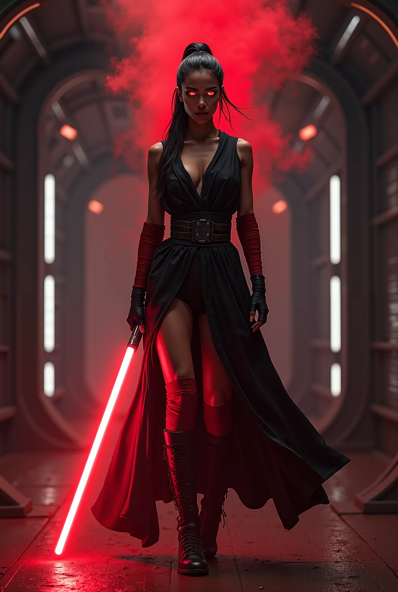 Beautiful, Mexican, female, young woman, long black hair tied into a tight ponytail, bright red eyes, wearing black Jedi robes, arms wrapped in red bandages, wearing black fingerless leather gloves, legs completely wrapped in red bandages, wearing black le...