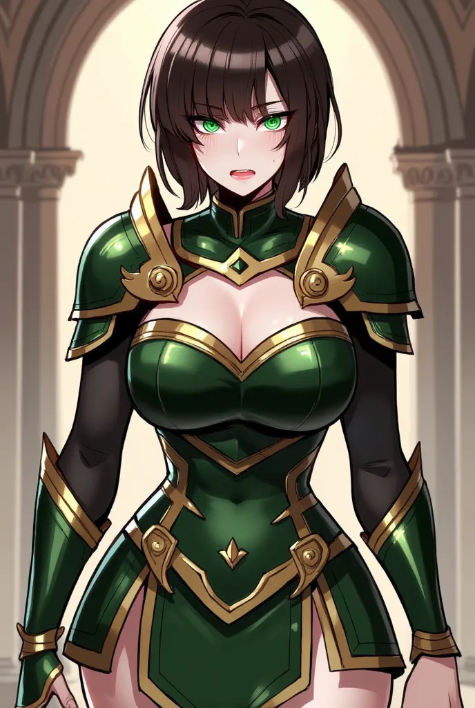 Create me an image in the Korean manwha fanart anime style with a woman of Greek origin with green eyes and medium-short brown hair with bangs with a serious expression with a voluptuous body, Big-breasted and muscular and tall with the beauty of a goddess...