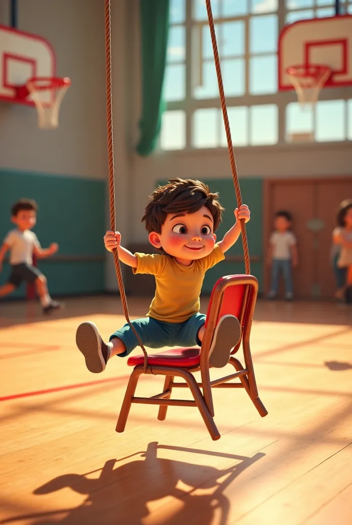 A boy named Luca with short curly hats and dies falls with his chair in a school gym, swings and at a certain point falls backwards, sending him back there until one of his classmates takes it.