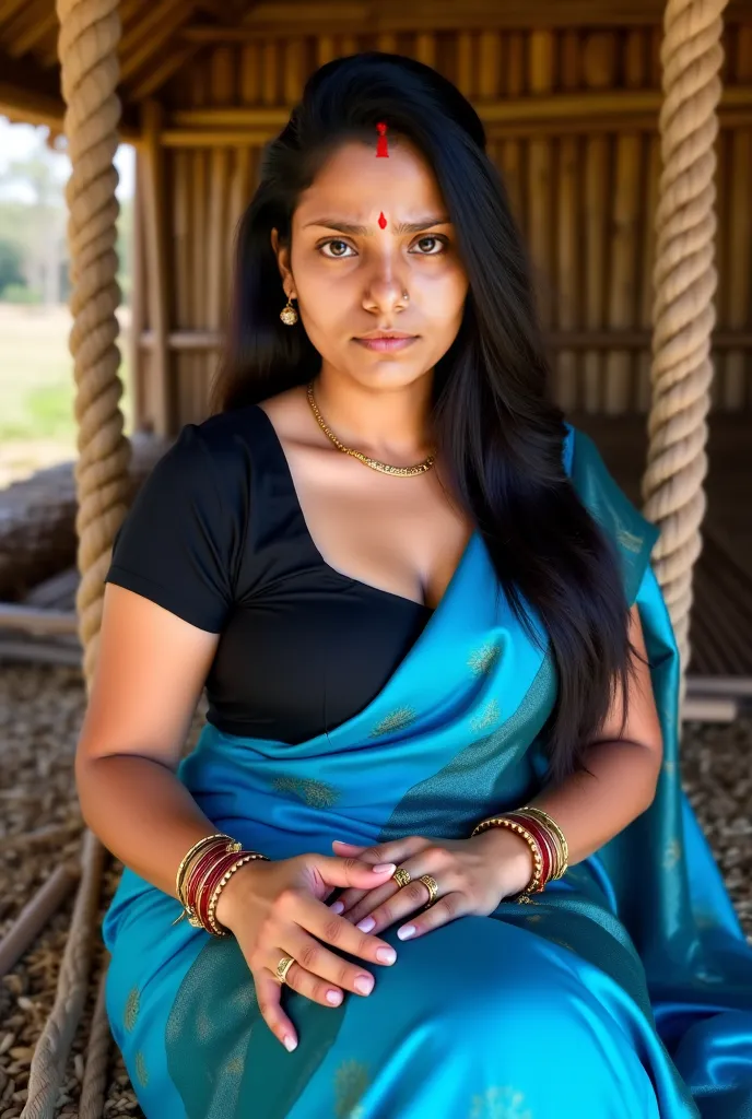 Hot curvy women, sitting in wooden bed tied of ropes,in a black designer blouse and blue design saree,inside a hut,blue eyes,thick black eyeliners,eyelashes,red glossy lips,gold bangles in hand,both hands rested in wood of bed, looking straight into camera...