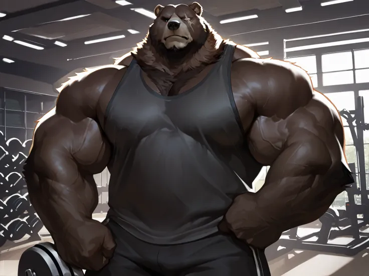 solo, massive muscular, ben bigger, Bear Boy, Scar on Eye, Ben Bigger, shirtless, very huge pectoral, shorts, gym, detailed face, wide shoulder, thick arms, wide pectoral, muscle, short hair:1.2, masterpiece, semirealistic:1.2, high detailed, 8k, high reso...