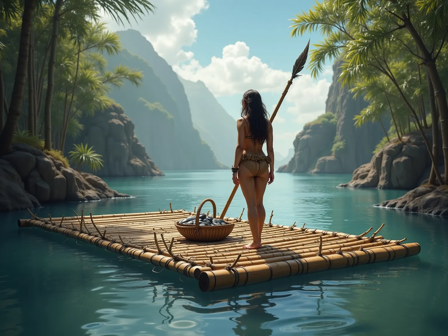 hd realistic, 4K: 1.2, prehistoric environment, no sea. (long thin and long bamboos: 1.2) (They are tied with vines in an organized way: 1.2) (forming a rectangle raft: 1.5) (Perfect flat and perfect: 1.2) is floating above the water forming small waves in...