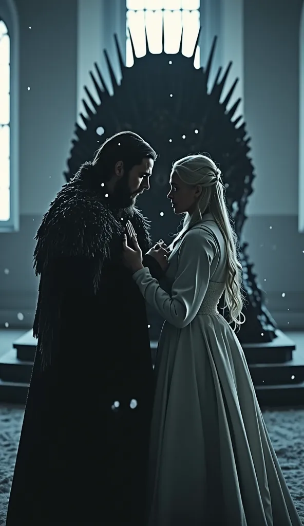 "In a bleak and desolate room, Jon Snow se encuentra cara a cara con  Daenerys  Targaryen. La cámara se levante slowly. Jon, with an expression of pain and determination, apuñala a  Daenerys  por la espalda con una daga.  Daenerys , surprised and wounded, ...