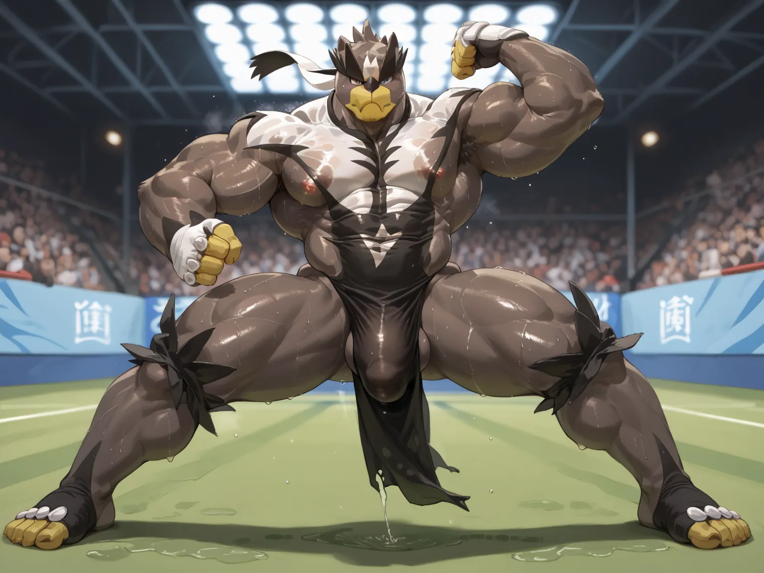 anthros only, urshifu, mature male, full body, zoomed out, anthro, leg extended in dynamic kick, momentum visible in motion, kicking, kicking at viewer, sweat, motion blur, small waist, bulge, wet, wet body, sweat, sweaty, nipples, angry, focused gaze, bla...