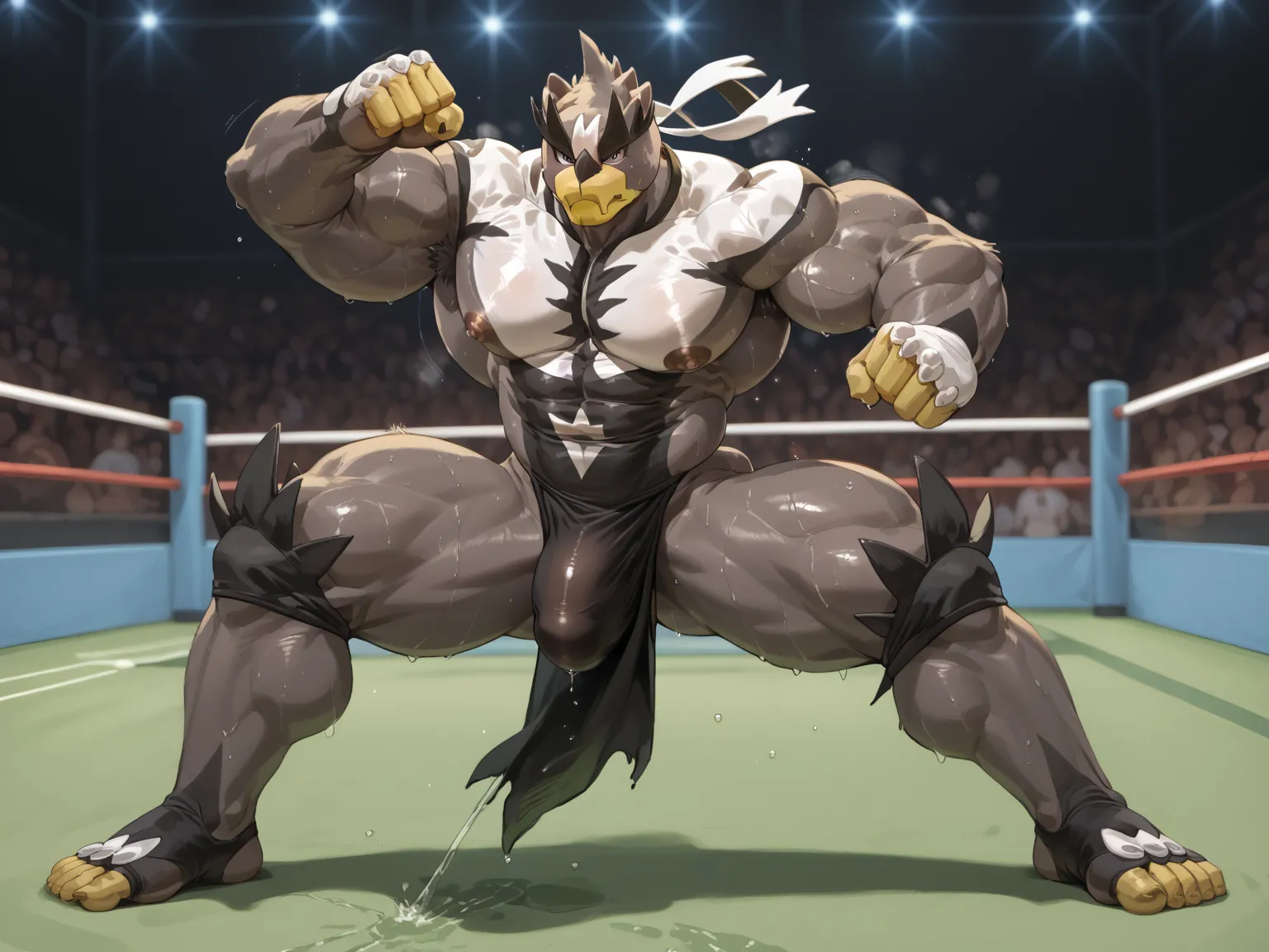 anthros only, urshifu, mature male, full body, zoomed out, anthro, leg extended in dynamic kick, momentum visible in motion, kicking, kicking at viewer, sweat, motion blur, small waist, bulge, wet, wet body, sweat, sweaty, nipples, angry, focused gaze, bla...