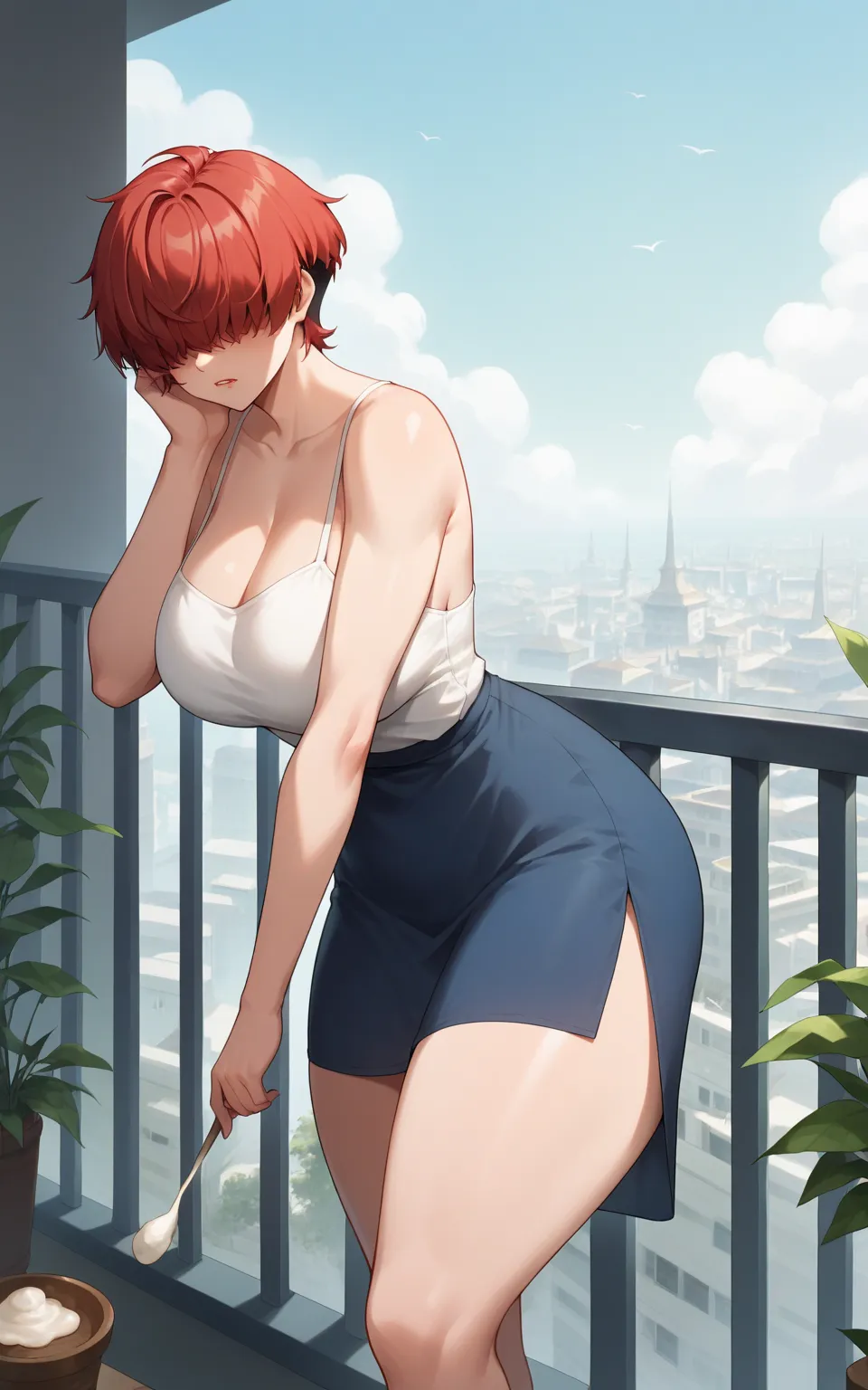 sundress with large breasts, red hair, Black eyes, E-girl, striped thigh heights, hair covering eyes, pouting lips, short hair, Bangz, Bangz over eyes, curve, Tabtab, thick thighs, fit body, fun appearance, is a small mouth, Powder, three-quarter view, sta...