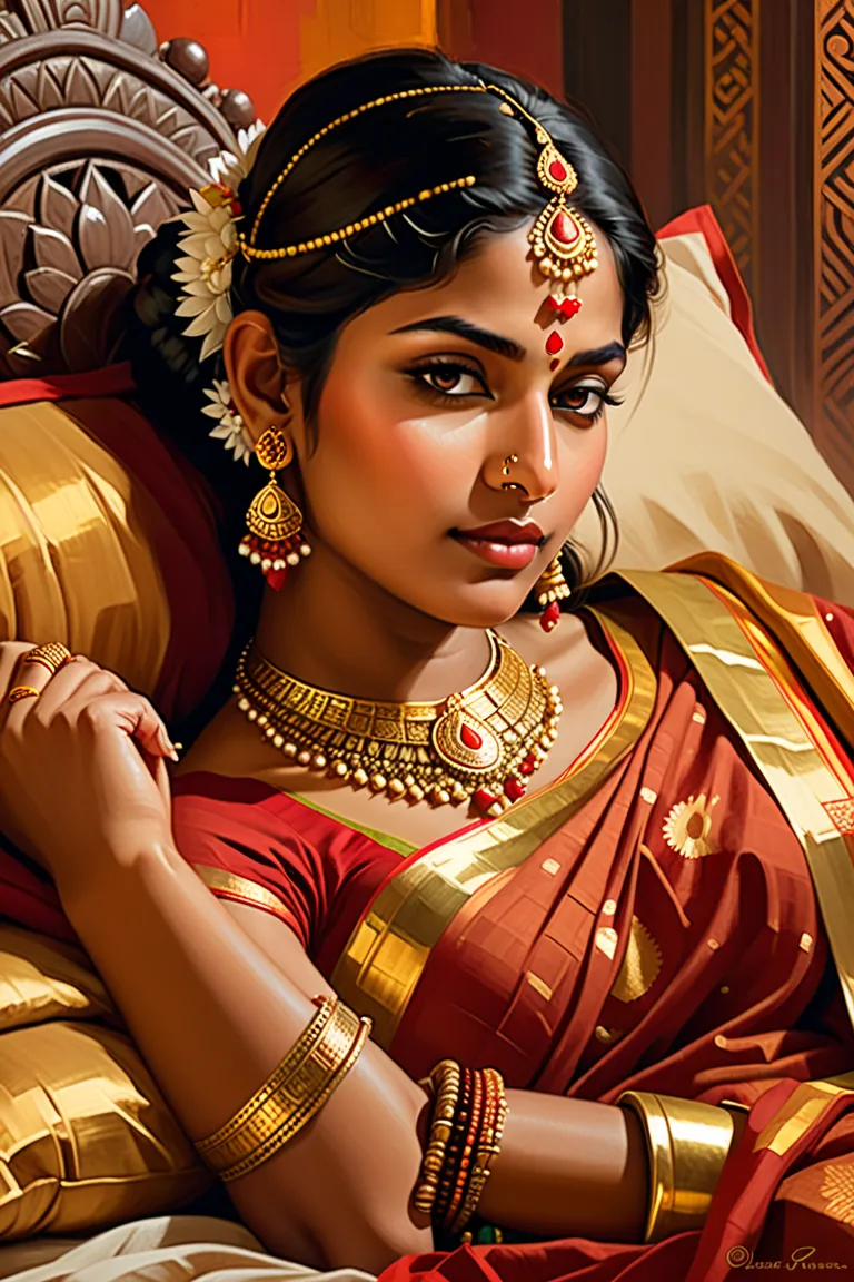 "A serene Indian princess lying in repose, eyes open in peaceful slumber, adorned with gold jewelry and traditional attire, evoking a sense of tranquility and timeless beauty. [Digital painting, influenced by classical Indian art], [inspired by Raja Ravi V...