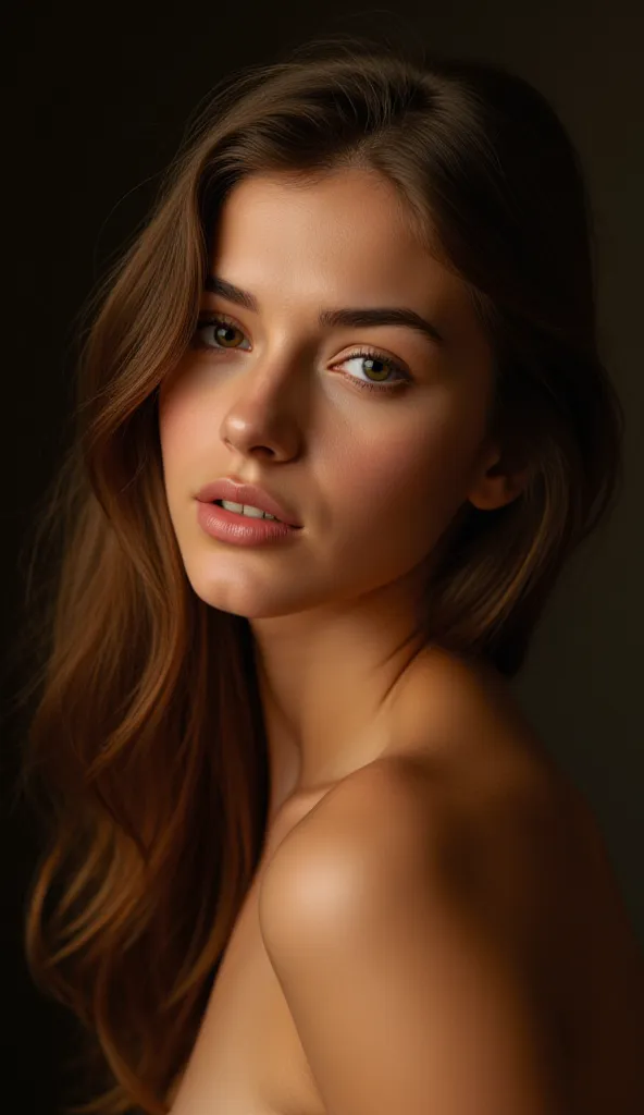 detailed portrait of a young woman with soft, radiant fair skin, long voluminous hair, youthful beauty, seductive expression, intricate facial features, elegant posture, 4k, ultra-detailed, photorealistic, professional portrait, natural lighting, atmospher...